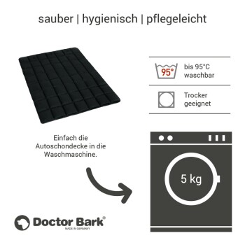 Schwarze Autositzabdeckung für Haustiere mit gestepptem Design, beschriftet mit 'sauber | hygienisch | pflegeleicht', maschinenwaschbar bis 95°C, trocknergeeignet.