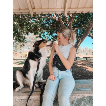 Eine Frau in einem grauen Tanktop und blauen Jeans sitzt auf einer Steinbank mit einem schwarz-weißen Hund neben ihr in einem sonnigen Park.