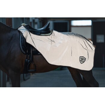 Ein braunes Pferd mit einer eleganten, glänzenden weißen Satteldecke mit dem schwarzen 'Equinate'-Logo, das in einer Stallumgebung steht.