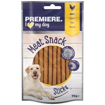 Premiere I love my dog Fleischsnack-Sticks, Hühnergeschmack, 70g Packung mit weichen, kaubaren Leckereien für Hunde.