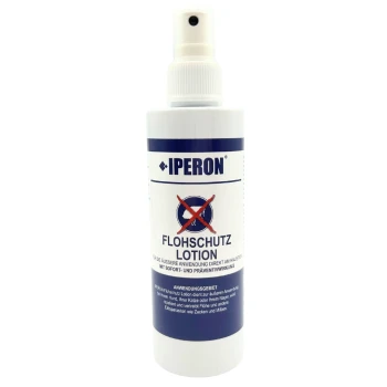 Weiße Sprühflasche mit der Aufschrift IPERON FLOHSCHUTZ LOTION und rotem durchgestrichenem Flöhen-Symbol