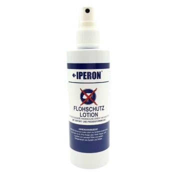 Weiße Sprühflasche mit der Aufschrift IPERON FLOHSCHUTZ LOTION und rotem durchgestrichenem Flöhen-Symbol