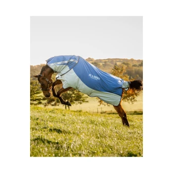 Ein Pferd, das eine blau-weiße Rambo-Decke trägt, springt verspielt in einem grasbewachsenen Feld, mit Bäumen und Hügeln im Hintergrund.