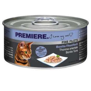 Cat food can featuring a tabby cat on the label, labeled "Premiere. I love my cat," with "Bonito-Thunfisch" and "Fine Filets" prominently displayed.