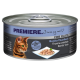 Boîte de nourriture pour chats présentant un chat tigré sur l'étiquette, étiquetée "Premiere. J'aime mon chat," avec "Bonito-Thunfisch" et "Fine Filets" affichés en évidence.
