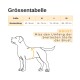 Größentabelle für Hundebekleidung mit Größen S bis XL und Brustumfang in cm; Illustration eines Hundes mit Maßanleitung.