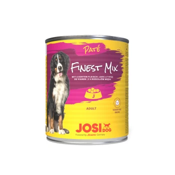 Dose JOSI DOG Finest Mix Paté für erwachsene Hunde, mit einem Berner Sennenhund auf dem Etikett, mit Text in mehreren Sprachen.