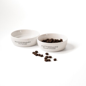 Zwei keramische Futternäpfe auf einem weißen Hintergrund; einer beschriftet mit "WASSERNAPF" mit Wasser, der andere "FUTTERNAPF" gefüllt mit Kibble und verstreuten Stücken.