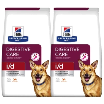Hill's Prescription Diet i/d Verdauungsfutter für Hunde, mit einem lächelnden Hund auf der Vorderseite, beschriftet mit 'Vom Tierarzt empfohlen.'