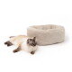 Langhaarige creme-graue Katze mit blauen Augen liegt neben einem runden, beigen Cord-Katzenbett vor weißem Hintergrund.