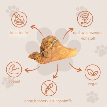 Ein natürlicher Hundekauartikel aus einem robusten, kalorienfreien Material, umgeben von Symbolen, die seine veganen, konservierungsmittelfreien und erneuerbaren Eigenschaften hervorheben.