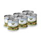 Sechs Dosen Haustierfutter mit der Aufschrift "BELLIOR LANDGUT-MENÜ Insekten", die ein Design mit Gemüse und einem Logo zeigen.