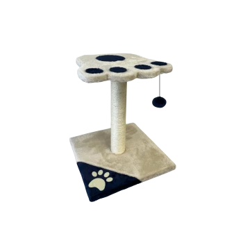 Beige cat scratching post with paw-shaped top and navy pads, sisal post, dangling navy pom-pom, square base with paw print.