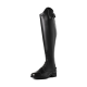 Hoher schwarzer Reitstiefel mit schlankem Design, mit einer Schnürung vorne und einem kleinen Schnallendetail oben.