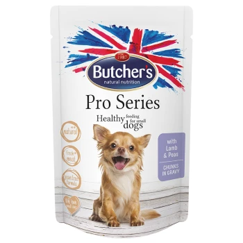 Torebka z jedzeniem dla psów Butcher's Pro Series z uśmiechającym się małym psem, oznaczona "Healthy feeding for small dogs" z jagnięciną i groszkiem.