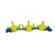 Green alien-shaped plush dog toy with three round heads linked by a twisted blue rope with knotted ends on black background