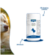 Weiße Canina Calciumcarbonat-Tablettenflasche für Hunde vor blauem Hintergrund mit Hundefoto links; Pfeile beschriften "Für Knochen & Gebiss" und "Für Hunde".