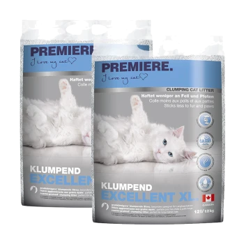 Twee zakken Premiere klonterend kattenbakvulling, gelabeld "Klumpend Excellent XL," met een witte kat op een lichte ondergrond.