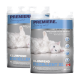 Zwei Beutel Premiere Klumpstreu für Katzen, beschriftet mit "Klumpend Excellent XL," mit einer weißen Katze auf einer hellen Oberfläche.