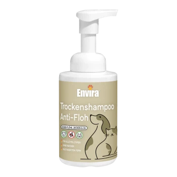 Flasche Envira Trockenshampoo für Haustiere, beschriftet mit "Anti-Floh", entworfen, um Flöhe und Zecken abzuwehren, geeignet für alle Felltypen, wasserlos.