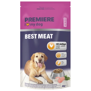 Hundefutterbeutel mit der Aufschrift „PREMIERE I love my dog SENIOR BEST MEAT“ mit 39 % Geflügel, Gelenk- und Zellschutz, 4 kg.