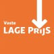 Oranje achtergrond met witte tekst die 'Vaste LAGE PRIJS' zegt en een pijl naar beneden, wat een vaste lage prijs aangeeft.