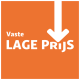 Oranje achtergrond met witte tekst die 'Vaste LAGE PRIJS' zegt en een pijl naar beneden, wat een vaste lage prijs aangeeft.