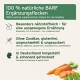 Produktetikett: „100% natürliche BARF Ergänzungsflocken“ mit deutsch/englischen Angaben (glutenfrei, ohne Zusatzstoffe, hergestellt in Deutschland) und Karotten-Illustration.