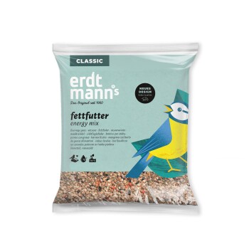 Erdtmanns Classic Fettfutter Energymix Vogelfuttersack mit blauer und gelber Vogelillustration und deutschem Text.