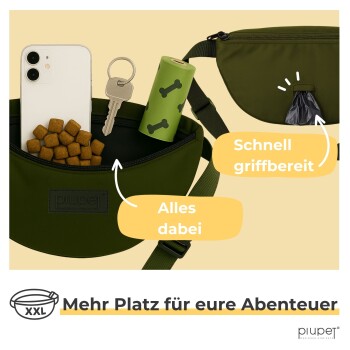 Eine grüne Hüfttasche für Haustiere mit Hundeleckerlis, einem Telefon, Schlüsseln und einer Rolle Müllbeutel, mit dem Text "Schnell griffbereit" und "Alles dabei".