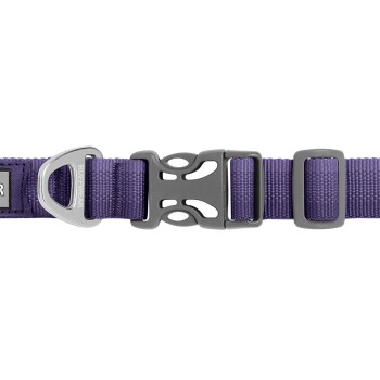 Lila Hundehalsband mit einer silbernen Schnalle und verstellbaren Riemen, mit dem Markennamen "RUFFWEAR" auf dem Etikett sichtbar.