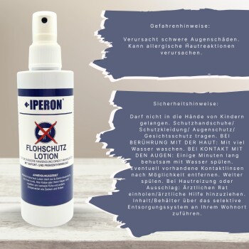 Weiße Sprühflasche mit der Aufschrift IPERON Flohschutz Lotion, durchgestrichenem Flöhen-Logo und deutschen Sicherheitshinweisen