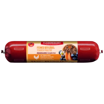 Rote zylindrische Verpackung von "Fleischeslust" zartem Geflügel-Hundefutter, mit Zutaten wie Süßkartoffeln, Heidelbeeren und Kamille.