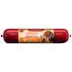Rode cilindrische verpakking van "Fleischeslust" zachte gevogelte huisdiervoeding, met ingrediënten zoals zoete aardappelen, bosbessen en kamille.