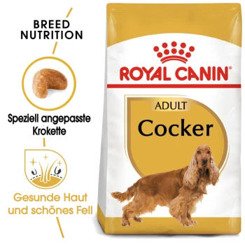 Royal Canin Adult Cocker Hundefutterbeutel mit goldenem Hintergrund, der einen Cocker Spaniel zeigt und Text zur rassespezifischen Ernährung enthält.