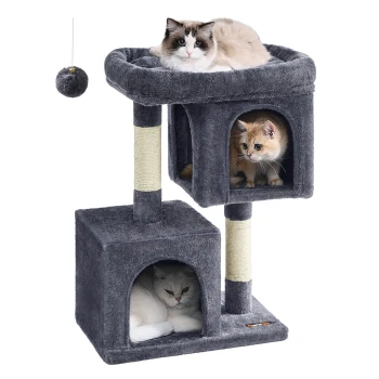 Kratzbaum 74 cm dunkelgrau Ein grauer Katzenbaum mit zwei Ebenen: einer gemütlichen oberen Sitzfläche, zwei Fächern, einer Katze, die oben liegt, und einer anderen, die drinnen ist. Ein Spielzeug hängt darüber.