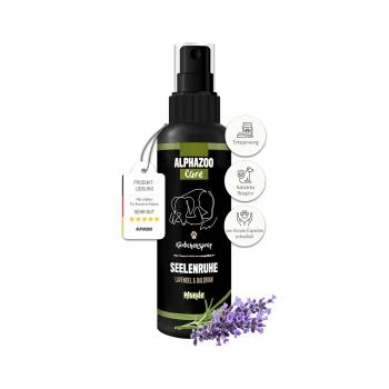 Flasche ALPHAZOO Care Körbchenspray für Hunde, beschriftet mit "SEELENRUHE" mit Lavendel und Baldrian, mit Entspannungsansprüchen und einer 5-Sterne-Bewertung.