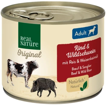 Dosenfutter für Haustiere mit der Bezeichnung "Real Nature Original" für Erwachsene, mit Rindfleisch und Wildschwein, dazu Reis und Weizenkeimöl.