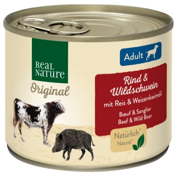 Canned pet food labeled "Real Nature Original" for adults, featuring beef and wild boar with rice and wheat germ oil.