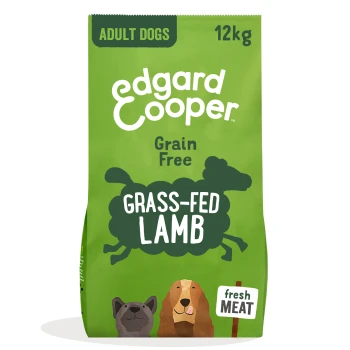 Dog food bag featuring "Edgard Cooper" brand, labeled "Grain Free," with "Grass-Fed Lamb" prominently displayed, suitable for adult dogs, 12kg.