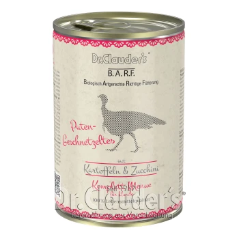 Dose Dr. Clauder's B.A.R.F. Hundefutter mit Putenfleisch, Kartoffeln und Zucchini, gekennzeichnet mit Nährwertinformationen.