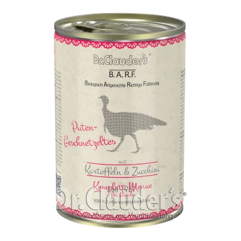 Dose Dr. Clauder's B.A.R.F. Hundefutter mit Putenfleisch, Kartoffeln und Zucchini, gekennzeichnet mit Nährwertinformationen.