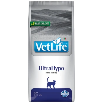 VetLife UltraHypo Katzenfuttertüte, 2 kg, mit einer Silhouette einer Katze und dem Text "Futter für Katzen" mit einem grünen Etikett.