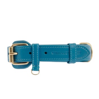 Ein hellblaues Lederhundehalsband mit einer goldenen Schnalle und Nähten, mit dem eingeprägten Text 'WILLIAM' an der Seite.