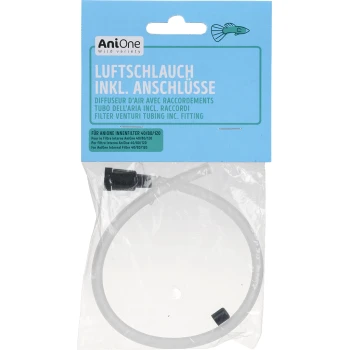 Luftschlauch inklusive Anschlüsse Klare Luftschläuche mit schwarzen Anschlüssen, verpackt für AniOne Innenfilter 40/80/120, beschriftet in mehreren Sprachen.