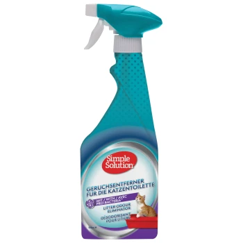 Butelka spryskiwacza Simple Solution Litter Odour Eliminator, z turkusową nakrętką i etykietą z tekstem w języku niemieckim, angielskim i francuskim.