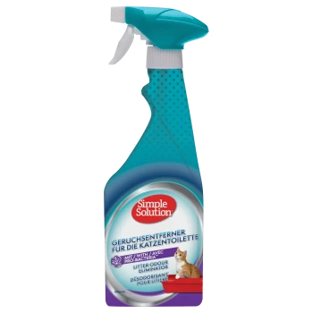 Butelka spryskiwacza Simple Solution Litter Odour Eliminator, z turkusową nakrętką i etykietą z tekstem w języku niemieckim, angielskim i francuskim.