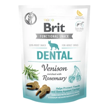 Brit Dental Functional Snack dla dorosłych psów, z dziczyzną wzbogaconą rozmarynem. Twierdzi, że pomaga chronić zęby i dziąsła przed kamieniem nazębnym.