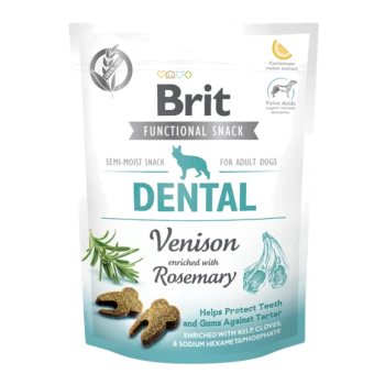 Brit Dental Functional Snack dla dorosłych psów, z dziczyzną wzbogaconą rozmarynem. Twierdzi, że pomaga chronić zęby i dziąsła przed kamieniem nazębnym.