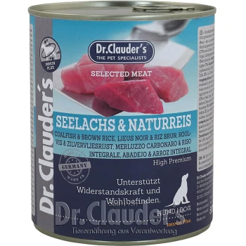 Dr. Clauder's Dosenfutter für Haustiere mit Seelachs und braunem Reis, beschriftet mit "Seelachs & Naturreis," "Hochwertig" und "Unterstützt das Wohlbefinden."